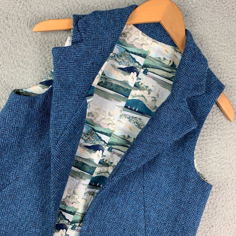 Harris Tweed Vest Waistcoat Women's 4 Blue Herringbone Open Front Handwoven Wool - Picture 3 of 8